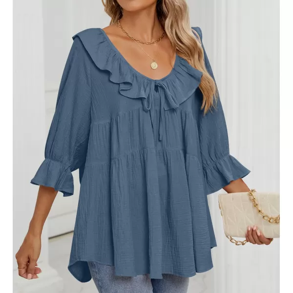ZESICA Womens Scoop Neck 34 Length Sleeve Tops 2024 Casual Tie Front Ruffle Tiered Loose Tunic Shirts Blouses Fall OutfitsDusty Blue