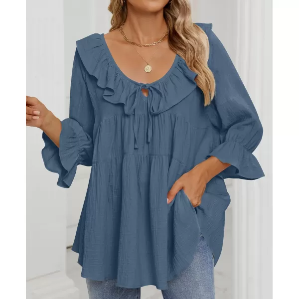 ZESICA Womens Scoop Neck 34 Length Sleeve Tops 2024 Casual Tie Front Ruffle Tiered Loose Tunic Shirts Blouses Fall OutfitsDusty Blue
