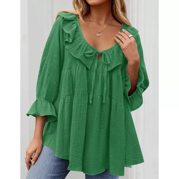 ZESICA Womens Scoop Neck 34 Length Sleeve Tops 2024 Casual Tie Front Ruffle Tiered Loose Tunic Shirts Blouses Fall OutfitsGreen