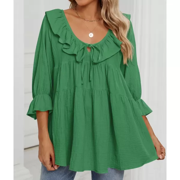 ZESICA Womens Scoop Neck 34 Length Sleeve Tops 2024 Casual Tie Front Ruffle Tiered Loose Tunic Shirts Blouses Fall OutfitsGreen