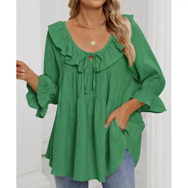 ZESICA Womens Scoop Neck 34 Length Sleeve Tops 2024 Casual Tie Front Ruffle Tiered Loose Tunic Shirts Blouses Fall OutfitsGreen