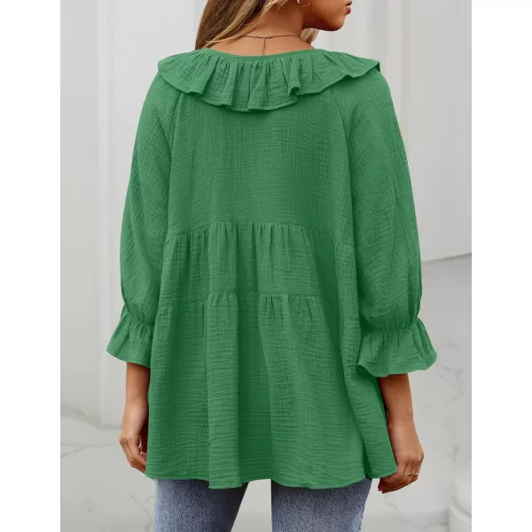 ZESICA Womens Scoop Neck 34 Length Sleeve Tops 2024 Casual Tie Front Ruffle Tiered Loose Tunic Shirts Blouses Fall OutfitsGreen