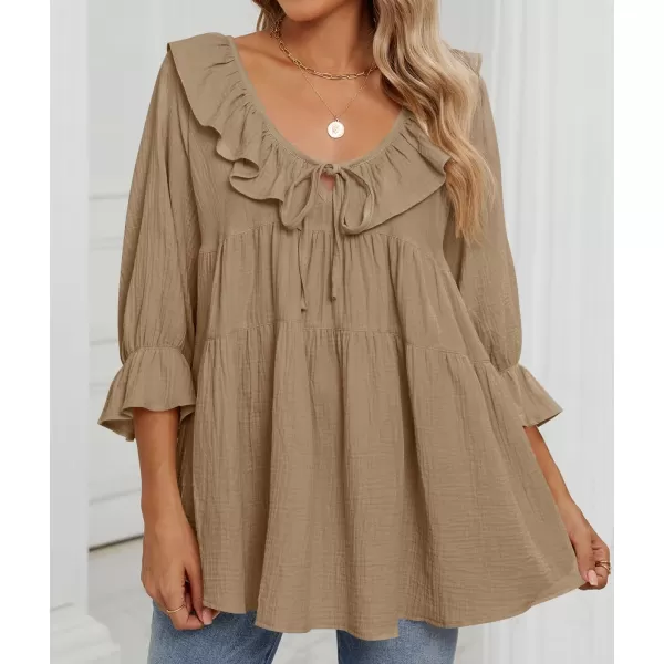 ZESICA Womens Scoop Neck 34 Length Sleeve Tops 2024 Casual Tie Front Ruffle Tiered Loose Tunic Shirts Blouses Fall OutfitsKhaki