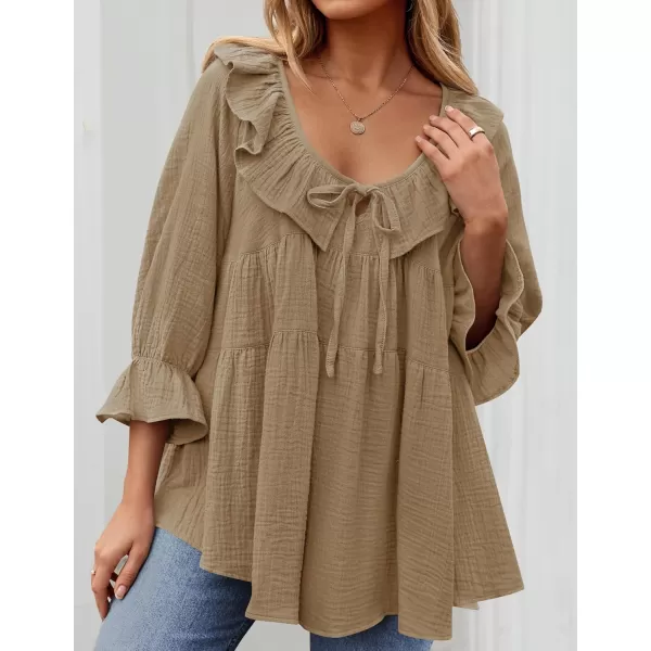 ZESICA Womens Scoop Neck 34 Length Sleeve Tops 2024 Casual Tie Front Ruffle Tiered Loose Tunic Shirts Blouses Fall OutfitsKhaki