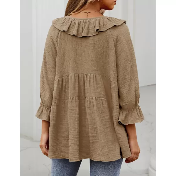 ZESICA Womens Scoop Neck 34 Length Sleeve Tops 2024 Casual Tie Front Ruffle Tiered Loose Tunic Shirts Blouses Fall OutfitsKhaki