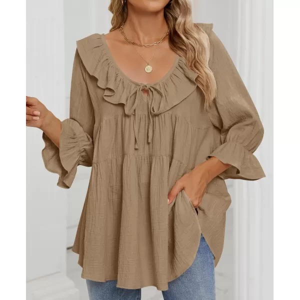 ZESICA Womens Scoop Neck 34 Length Sleeve Tops 2024 Casual Tie Front Ruffle Tiered Loose Tunic Shirts Blouses Fall OutfitsKhaki