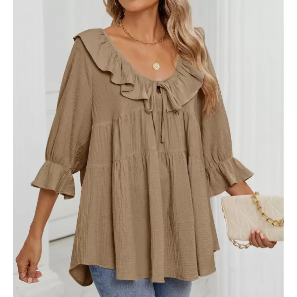ZESICA Womens Scoop Neck 34 Length Sleeve Tops 2024 Casual Tie Front Ruffle Tiered Loose Tunic Shirts Blouses Fall OutfitsKhaki