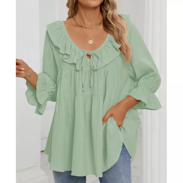ZESICA Womens Scoop Neck 34 Length Sleeve Tops 2024 Casual Tie Front Ruffle Tiered Loose Tunic Shirts Blouses Fall OutfitsMint Green