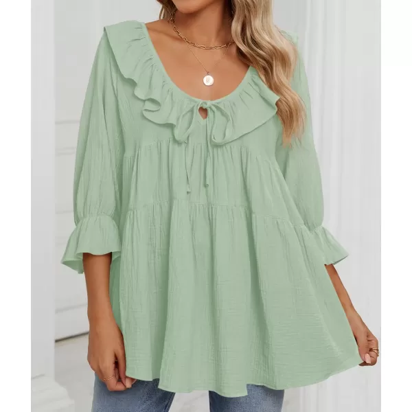 ZESICA Womens Scoop Neck 34 Length Sleeve Tops 2024 Casual Tie Front Ruffle Tiered Loose Tunic Shirts Blouses Fall OutfitsMint Green