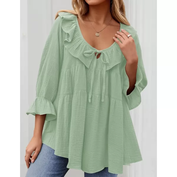 ZESICA Womens Scoop Neck 34 Length Sleeve Tops 2024 Casual Tie Front Ruffle Tiered Loose Tunic Shirts Blouses Fall OutfitsMint Green
