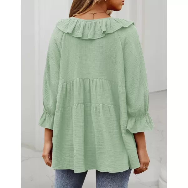 ZESICA Womens Scoop Neck 34 Length Sleeve Tops 2024 Casual Tie Front Ruffle Tiered Loose Tunic Shirts Blouses Fall OutfitsMint Green