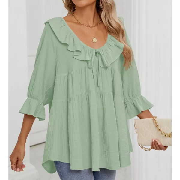 ZESICA Womens Scoop Neck 34 Length Sleeve Tops 2024 Casual Tie Front Ruffle Tiered Loose Tunic Shirts Blouses Fall OutfitsMint Green