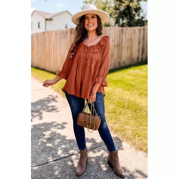 ZESICA Womens Scoop Neck 34 Length Sleeve Tops 2024 Casual Tie Front Ruffle Tiered Loose Tunic Shirts Blouses Fall OutfitsOrange Red