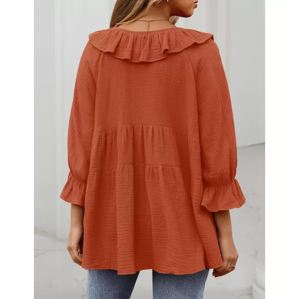 ZESICA Womens Scoop Neck 34 Length Sleeve Tops 2024 Casual Tie Front Ruffle Tiered Loose Tunic Shirts Blouses Fall OutfitsOrange Red