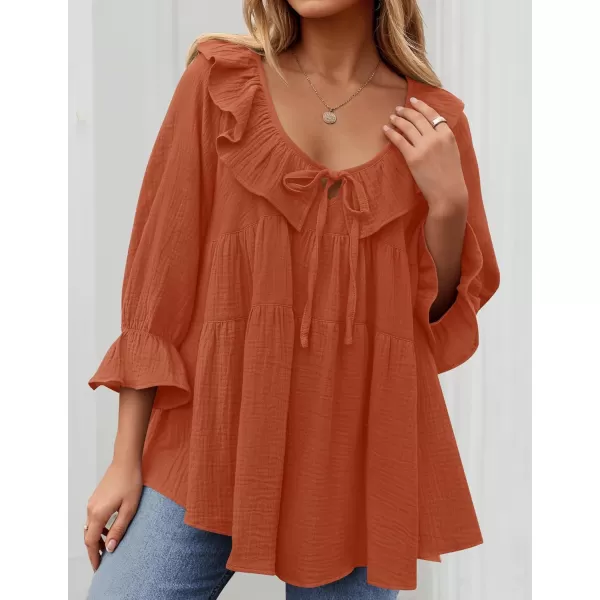 ZESICA Womens Scoop Neck 34 Length Sleeve Tops 2024 Casual Tie Front Ruffle Tiered Loose Tunic Shirts Blouses Fall OutfitsOrange Red