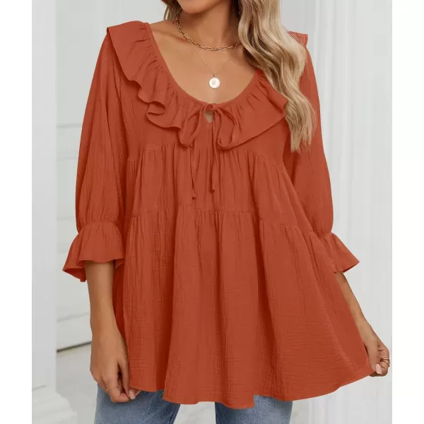 ZESICA Womens Scoop Neck 34 Length Sleeve Tops 2024 Casual Tie Front Ruffle Tiered Loose Tunic Shirts Blouses Fall OutfitsOrange Red