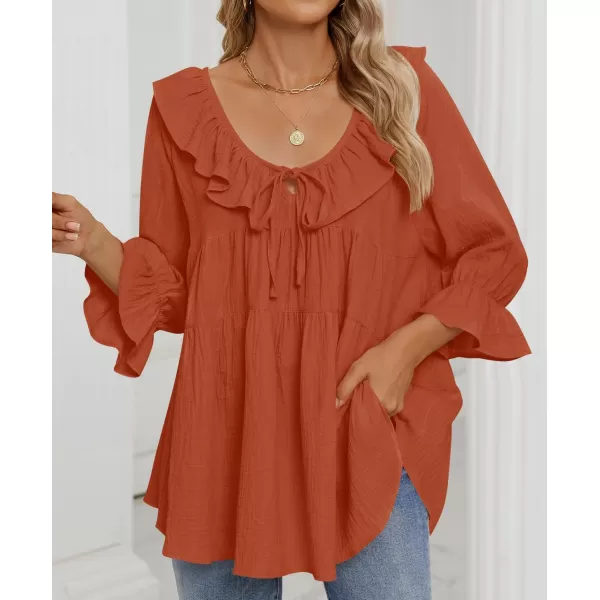 ZESICA Womens Scoop Neck 34 Length Sleeve Tops 2024 Casual Tie Front Ruffle Tiered Loose Tunic Shirts Blouses Fall OutfitsOrange Red