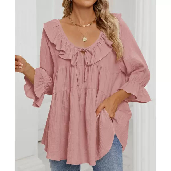 ZESICA Womens Scoop Neck 34 Length Sleeve Tops 2024 Casual Tie Front Ruffle Tiered Loose Tunic Shirts Blouses Fall OutfitsPink
