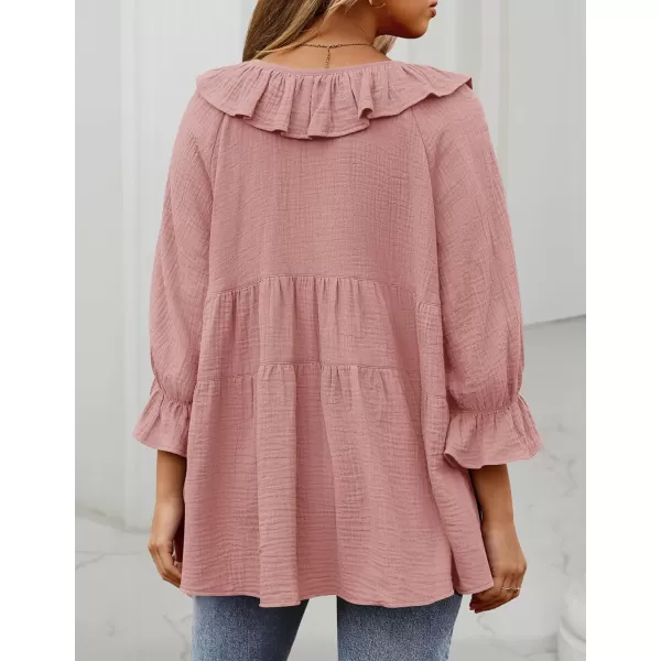 ZESICA Womens Scoop Neck 34 Length Sleeve Tops 2024 Casual Tie Front Ruffle Tiered Loose Tunic Shirts Blouses Fall OutfitsPink