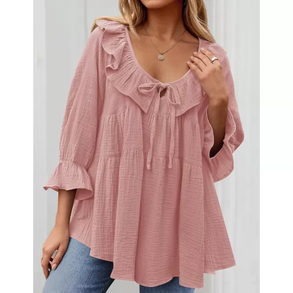 ZESICA Womens Scoop Neck 34 Length Sleeve Tops 2024 Casual Tie Front Ruffle Tiered Loose Tunic Shirts Blouses Fall OutfitsPink
