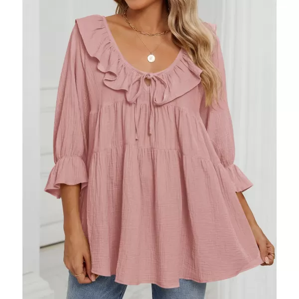 ZESICA Womens Scoop Neck 34 Length Sleeve Tops 2024 Casual Tie Front Ruffle Tiered Loose Tunic Shirts Blouses Fall OutfitsPink
