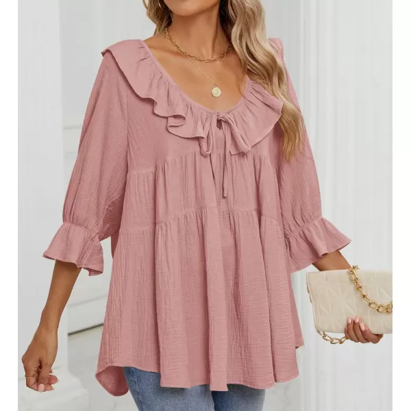 ZESICA Womens Scoop Neck 34 Length Sleeve Tops 2024 Casual Tie Front Ruffle Tiered Loose Tunic Shirts Blouses Fall OutfitsPink