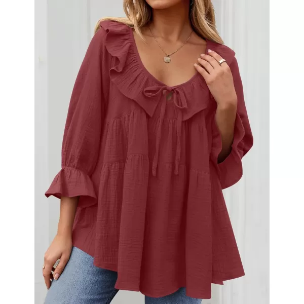 ZESICA Womens Scoop Neck 34 Length Sleeve Tops 2024 Casual Tie Front Ruffle Tiered Loose Tunic Shirts Blouses Fall OutfitsWine Red