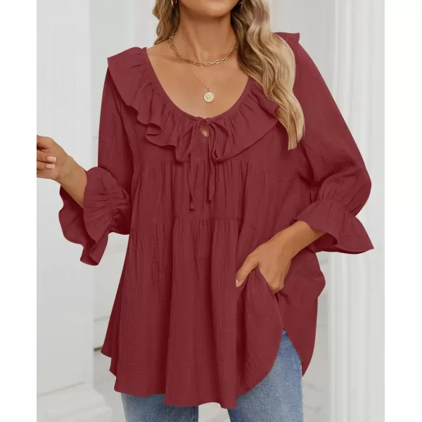 ZESICA Womens Scoop Neck 34 Length Sleeve Tops 2024 Casual Tie Front Ruffle Tiered Loose Tunic Shirts Blouses Fall OutfitsWine Red