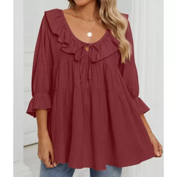 ZESICA Womens Scoop Neck 34 Length Sleeve Tops 2024 Casual Tie Front Ruffle Tiered Loose Tunic Shirts Blouses Fall OutfitsWine Red