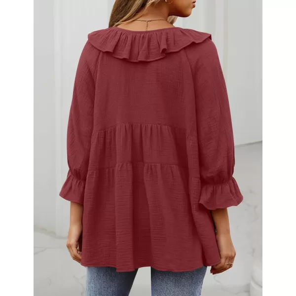 ZESICA Womens Scoop Neck 34 Length Sleeve Tops 2024 Casual Tie Front Ruffle Tiered Loose Tunic Shirts Blouses Fall OutfitsWine Red