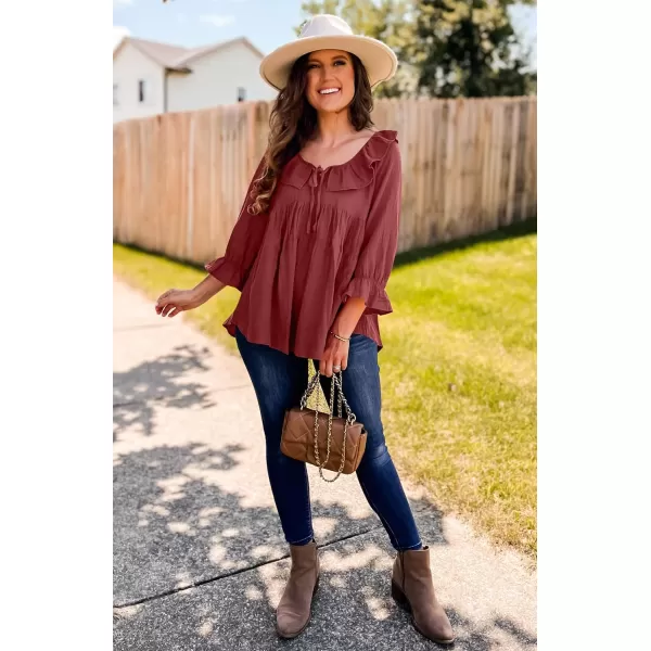 ZESICA Womens Scoop Neck 34 Length Sleeve Tops 2024 Casual Tie Front Ruffle Tiered Loose Tunic Shirts Blouses Fall OutfitsWine Red