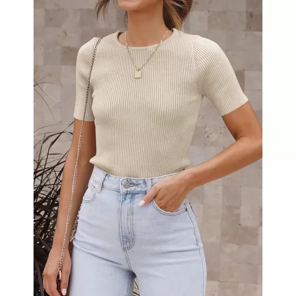 ZESICA Womens Short Sleeve Crewneck T Shirt 2024 Summer Ribbed Knit Slim Fit Basic Solid Color Tee TopsAlmond