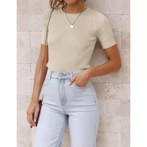 ZESICA Womens Short Sleeve Crewneck T Shirt 2024 Summer Ribbed Knit Slim Fit Basic Solid Color Tee TopsAlmond
