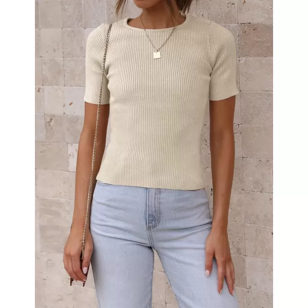 ZESICA Womens Short Sleeve Crewneck T Shirt 2024 Summer Ribbed Knit Slim Fit Basic Solid Color Tee TopsAlmond