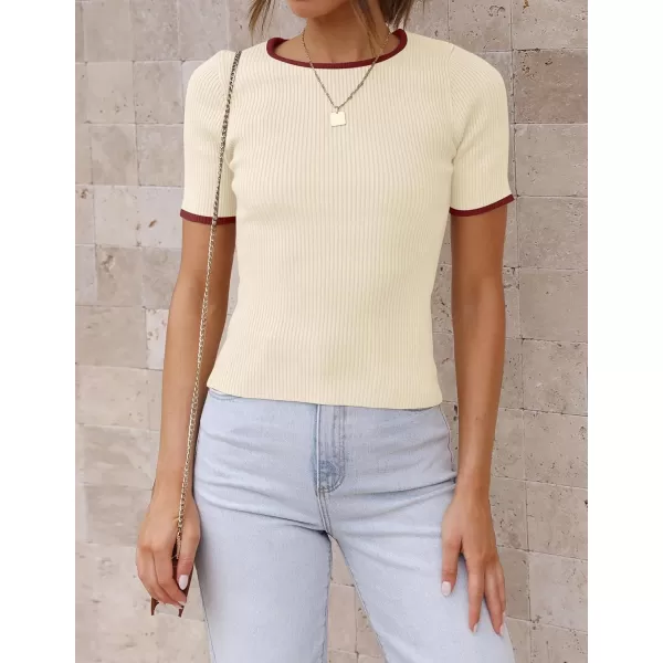 ZESICA Womens Short Sleeve Crewneck T Shirt 2024 Summer Ribbed Knit Slim Fit Basic Solid Color Tee TopsApricot