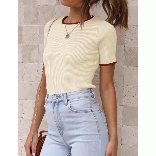 ZESICA Womens Short Sleeve Crewneck T Shirt 2024 Summer Ribbed Knit Slim Fit Basic Solid Color Tee TopsApricot