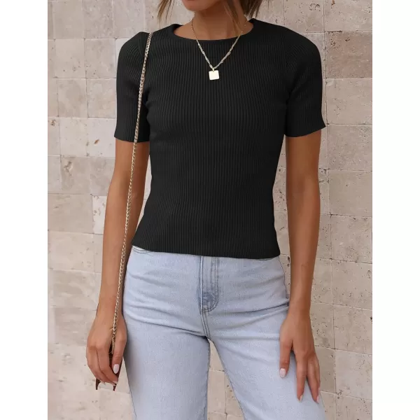 ZESICA Womens Short Sleeve Crewneck T Shirt 2024 Summer Ribbed Knit Slim Fit Basic Solid Color Tee TopsBlack