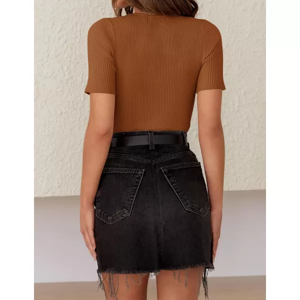 ZESICA Womens Short Sleeve Crewneck T Shirt 2024 Summer Ribbed Knit Slim Fit Basic Solid Color Tee TopsBrown