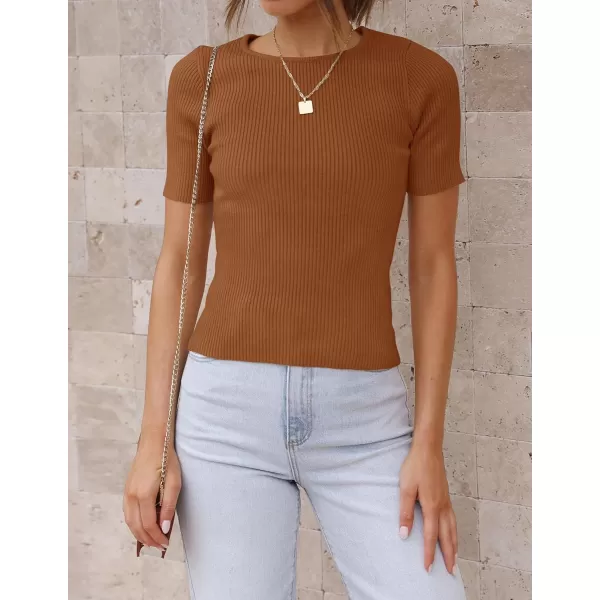 ZESICA Womens Short Sleeve Crewneck T Shirt 2024 Summer Ribbed Knit Slim Fit Basic Solid Color Tee TopsBrown