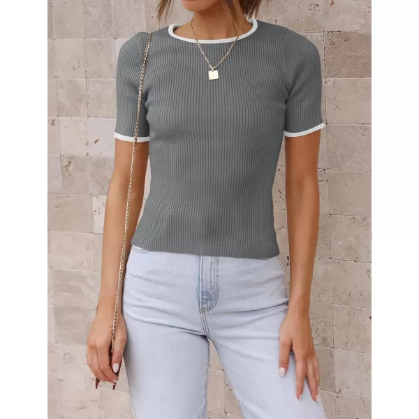 ZESICA Womens Short Sleeve Crewneck T Shirt 2024 Summer Ribbed Knit Slim Fit Basic Solid Color Tee TopsDarkgrey