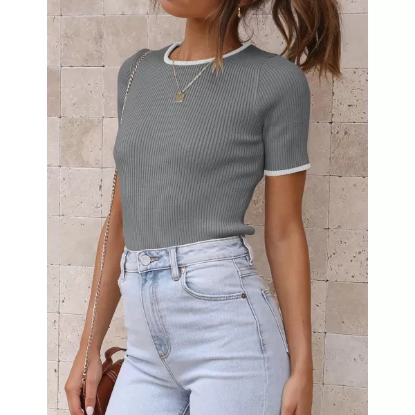 ZESICA Womens Short Sleeve Crewneck T Shirt 2024 Summer Ribbed Knit Slim Fit Basic Solid Color Tee TopsDarkgrey