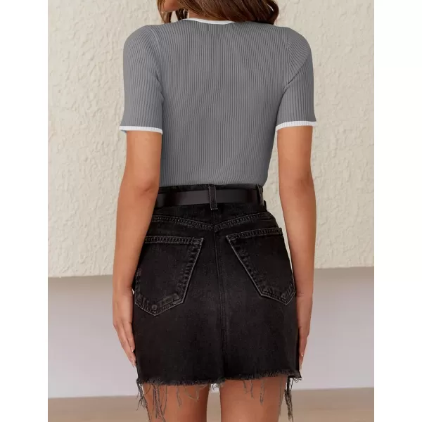 ZESICA Womens Short Sleeve Crewneck T Shirt 2024 Summer Ribbed Knit Slim Fit Basic Solid Color Tee TopsDarkgrey
