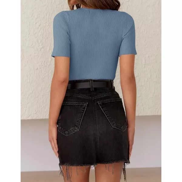 ZESICA Womens Short Sleeve Crewneck T Shirt 2024 Summer Ribbed Knit Slim Fit Basic Solid Color Tee TopsDustyblue