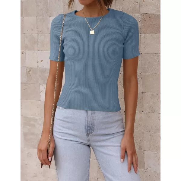 ZESICA Womens Short Sleeve Crewneck T Shirt 2024 Summer Ribbed Knit Slim Fit Basic Solid Color Tee TopsDustyblue