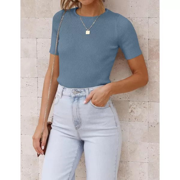 ZESICA Womens Short Sleeve Crewneck T Shirt 2024 Summer Ribbed Knit Slim Fit Basic Solid Color Tee TopsDustyblue