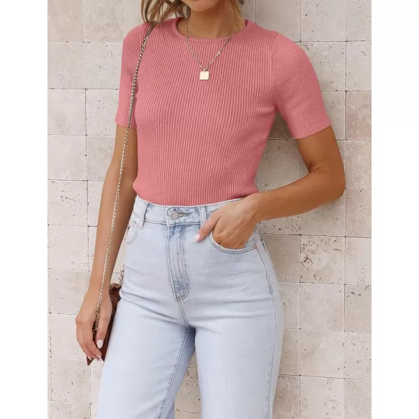 ZESICA Womens Short Sleeve Crewneck T Shirt 2024 Summer Ribbed Knit Slim Fit Basic Solid Color Tee TopsDustypink