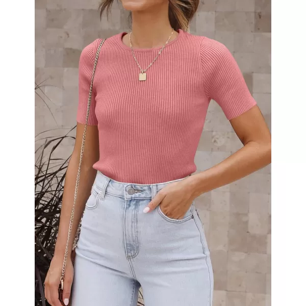 ZESICA Womens Short Sleeve Crewneck T Shirt 2024 Summer Ribbed Knit Slim Fit Basic Solid Color Tee TopsDustypink