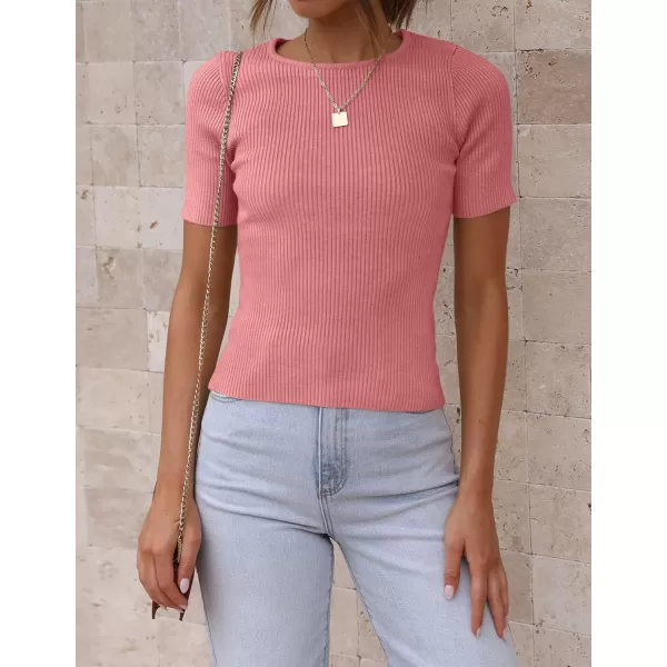ZESICA Womens Short Sleeve Crewneck T Shirt 2024 Summer Ribbed Knit Slim Fit Basic Solid Color Tee TopsDustypink
