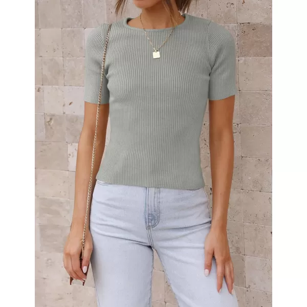 ZESICA Womens Short Sleeve Crewneck T Shirt 2024 Summer Ribbed Knit Slim Fit Basic Solid Color Tee TopsGrey