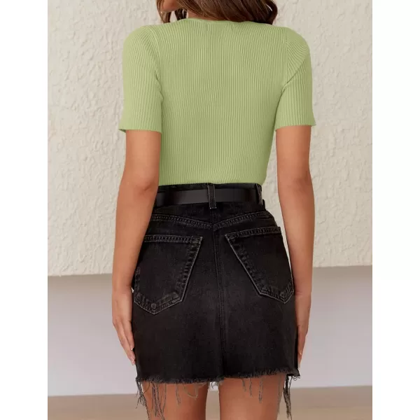 ZESICA Womens Short Sleeve Crewneck T Shirt 2024 Summer Ribbed Knit Slim Fit Basic Solid Color Tee TopsMossgreen